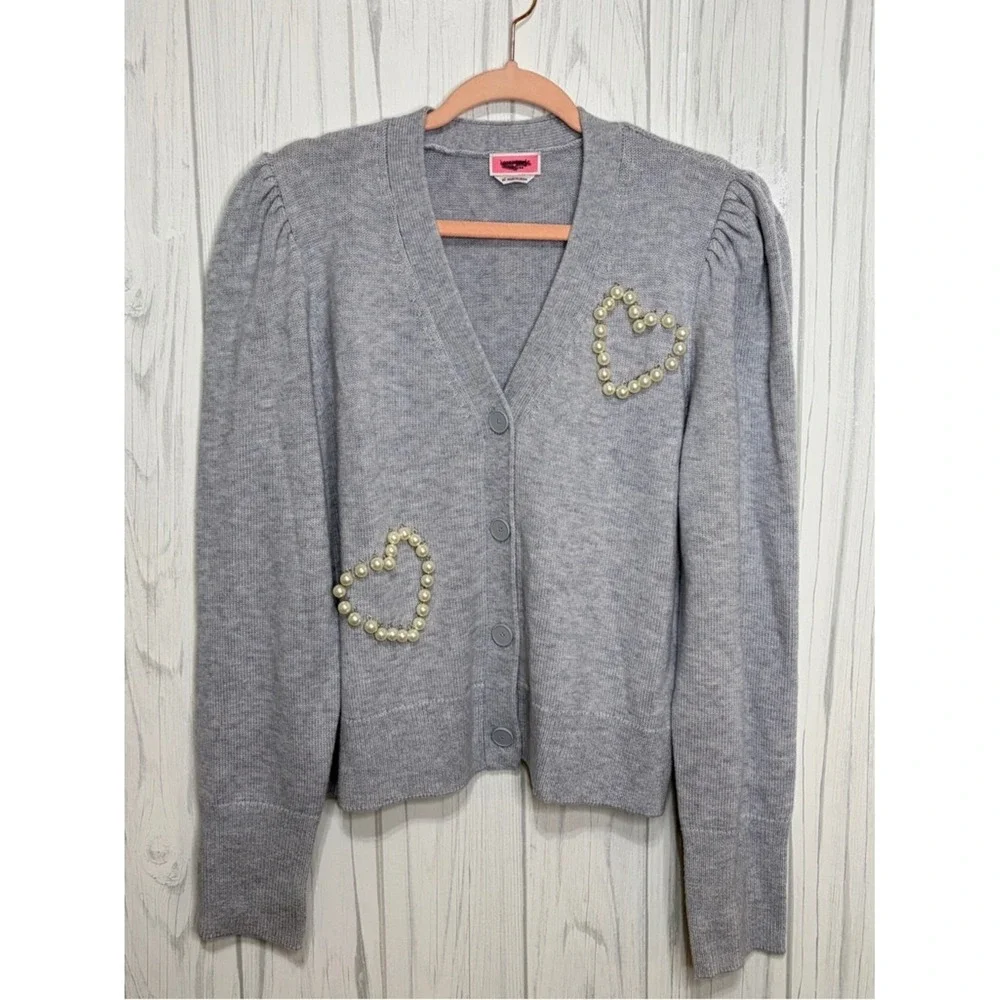 KATE SPADE NY NWOT Pearl Pave Heart Cardigan in Heather Gray, XL ($368)‎